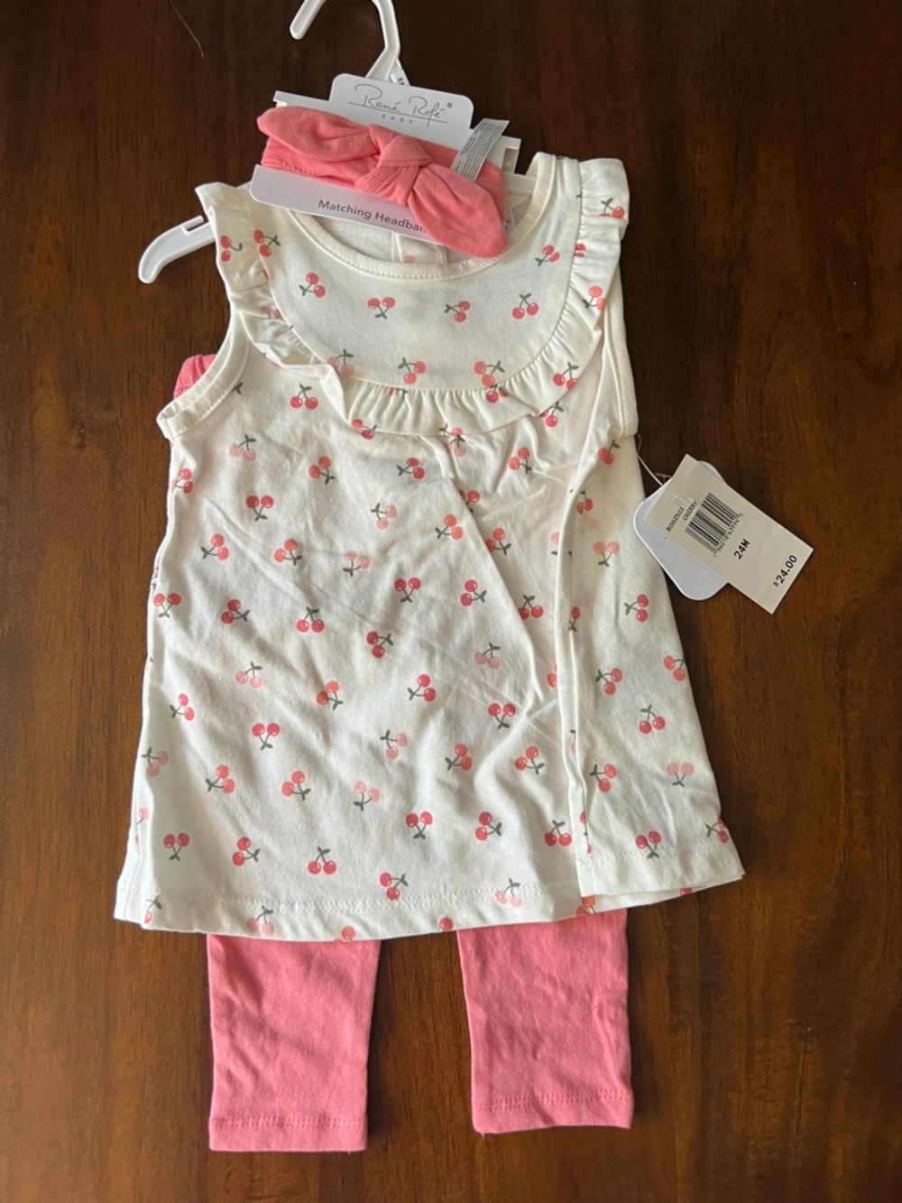 Rene Rofe baby Cream & Pink Cherry Print Matching Set with Pink Headband